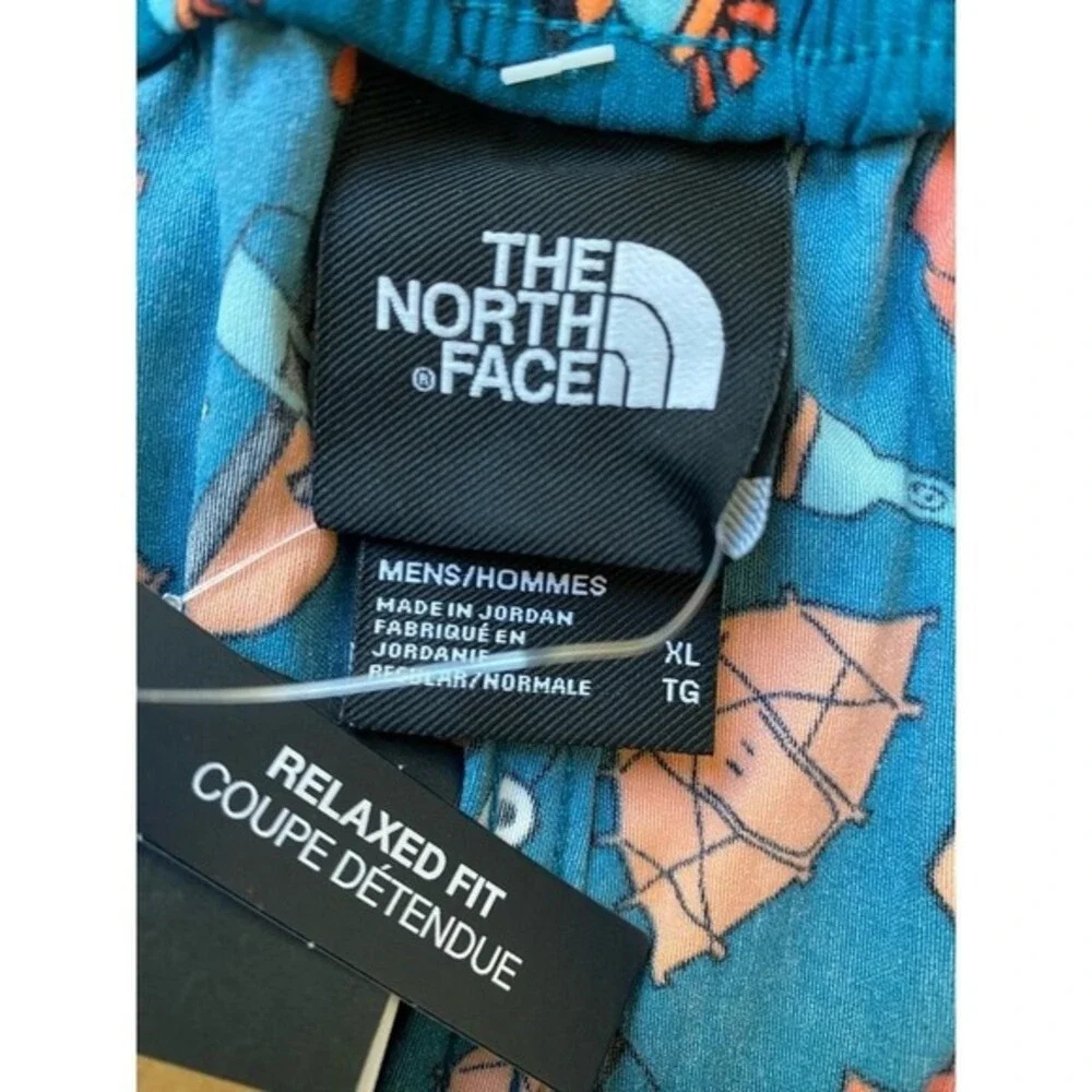 The North Face Allover Camping Print Shorts Men XL Blue Travel Coastal Beach NWT